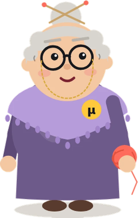 Grandma Mu, in a lilac shawl with knitting needles in her bun
